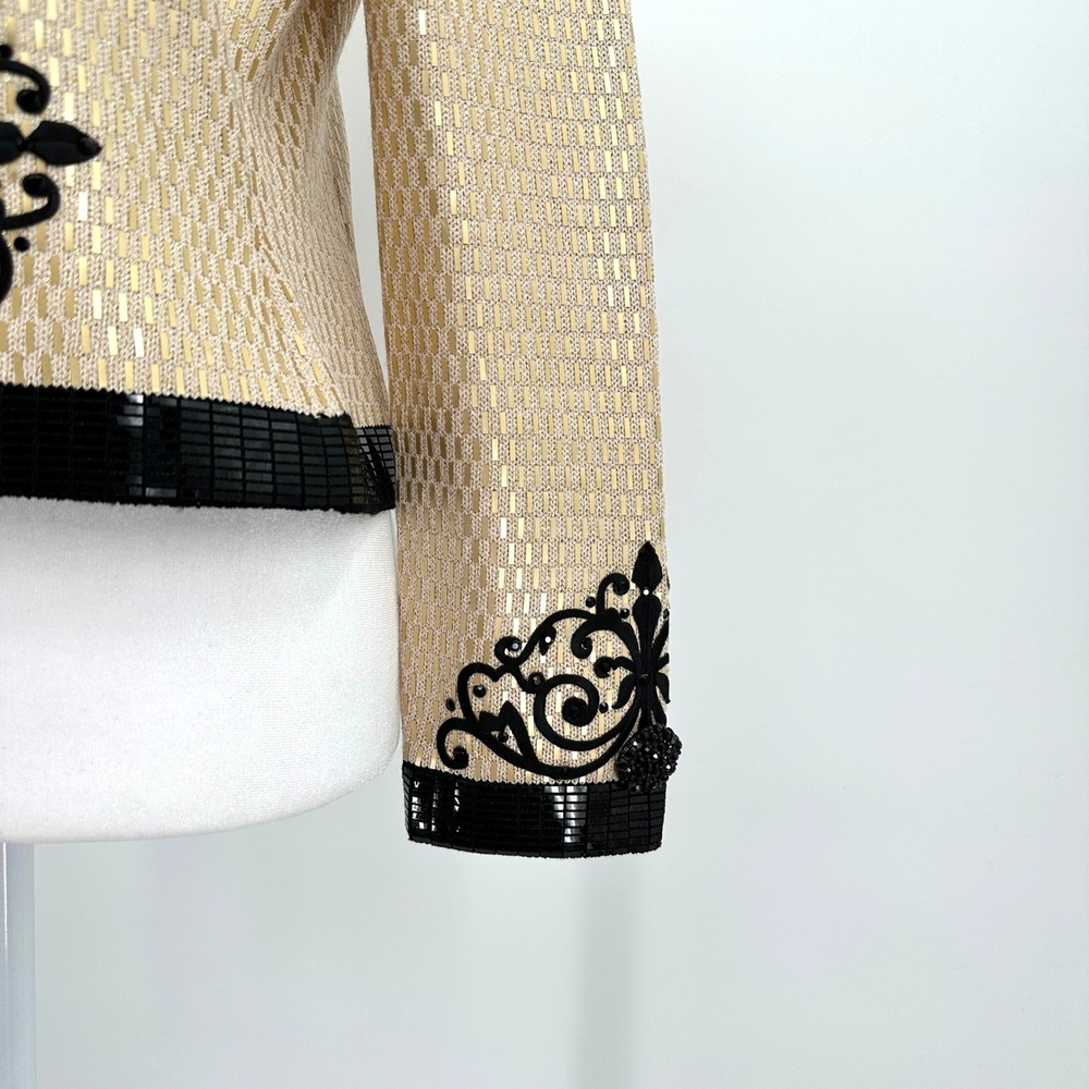 St John Evening Marie Gray Gold Black Knit Sequin Embroidered Jacket Beaded US 4 - Picture 4 of 13